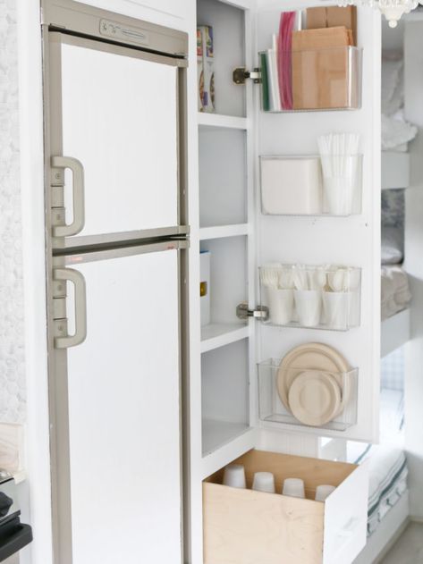 Small Pantry Design Ideas Storage, Travel Trailer Pantry Organization, Small Camper Pantry Organization, Rv Living Storage Ideas, Rv Pantry Ideas, Rv Clothes Storage Ideas Travel Trailers, Camper Cupboard Organization, Small Rv Ideas, Camper Cupboard Storage Ideas