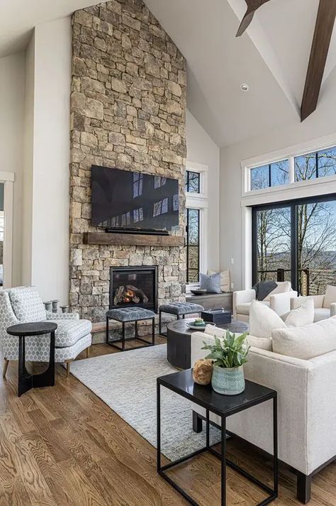 92 Stone Fireplaces For Ultimate Coziness - DigsDigs Stone On Fireplace Wall, Stone Fireplace With Cathedral Ceiling, Living Room Stone Fireplace Ideas, Great Room Stone Fireplace, Great Room With Stone Fireplace, Living Room Designs With Stone Fireplace, Tall Rock Fireplace Wall High Ceilings, Tall Fireplace Wall High Ceilings Stone, Real Stone Fireplace