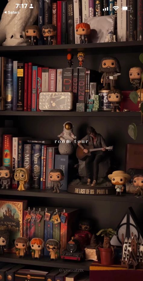 Harry Potter Pc Setup, Harry Potter Book Corner, Geezatrix Room, Nerdy Room Aesthetic, Harry Potter Collection Display, Peeves Harry Potter, Popculture Aesthetic, Harry Potter Aesthetic Room Decor, Nerd Bedroom