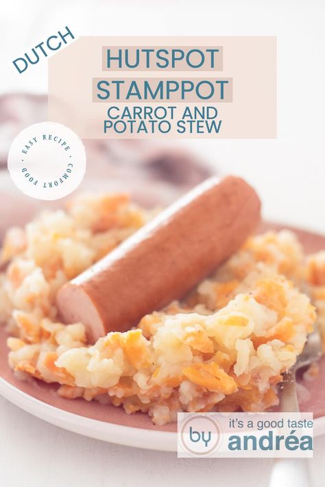 A pink plate with stew and smoked sausage. At the top a text overlay: dinner, hutspot with sausage, easy recipe and Dutch Dutch Cuisine, Potato Stew, Winter Dishes, Stewed Potatoes, Carrots And Potatoes, Dutch Recipes, The Best Recipes, Smoked Sausage, Fun Kids Food