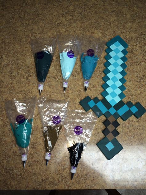 I made a minecraft diamond sword cake for my younger son who will be turning 8! Birthday party. These are the frosting colors I used as I followed the colors of his play minecraft sword. Minecraft Baking, Minecraft Diamond, Play Minecraft, Minecraft Birthday Cake, 8 Birthday, Frosting Colors, Birthday Baking, Minecraft Birthday Party, Minecraft Cake