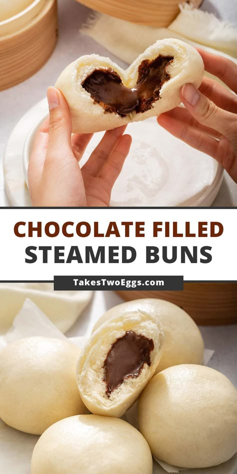 Bao Bun Filling Recipe, Steamed Desserts Recipes, Good Treats To Make, Baking Snacks, Bao Bread, Snacks With Chocolate, Filled Buns, Chocolate Bun, Sweet Bao Buns