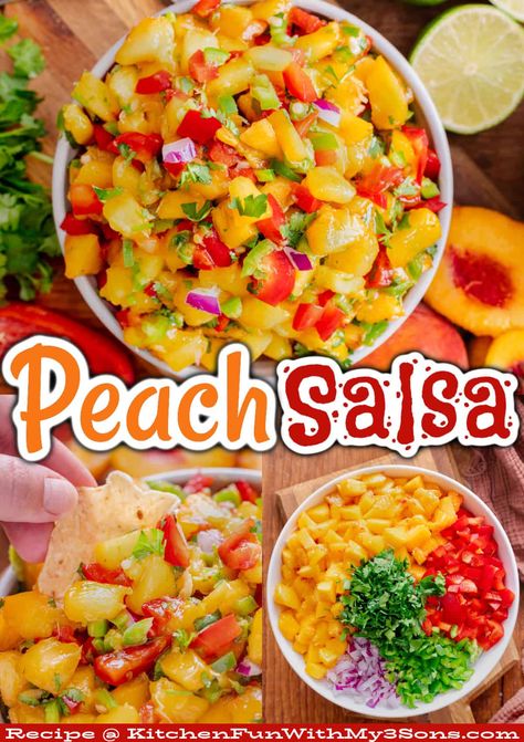 This easy Peach Salsa recipe is perfect for Summer and made with fresh juicy peaches. Serve with chips for an appetizer or on top of fish, chicken or pork. Salsa For Fish Recipes, Easy Peach Salsa, Fun Food Ideas For Kids, Summer Dip Recipes, Peach Salsa Recipe, Peach Salsa Recipes, Vegtable Garden, Salsa Recipes, Peach Salsa