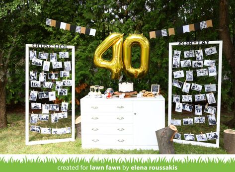 A Clever 40th Birthday Celebration with Elena! - Lawn Fawn Birthday Centerpiece For Men, Man 40th Birthday Ideas Decoration, 40 Birthday Decor, 40 Birthday Men, 40th Birthday Bbq, Diy 40th Birthday Decorations, 40th Birthday Celebration Ideas, Garden Party Decorations Diy, 40th Birthday Wishes