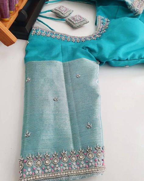 Blouse Work Designs Hand Work, Simple Silver Blouse Designs, Aari Work For Silver Zari Sarees, Light Blue Silk Saree Blouse Designs, Big Border Pattu Blouse Maggam Works, Zari Work Embroidery Blouses, Simple Trendy Maggam Work Designs, Silver Zari Aari Work Blouse Designs, Simple Silver Zari Aari Work Blouse