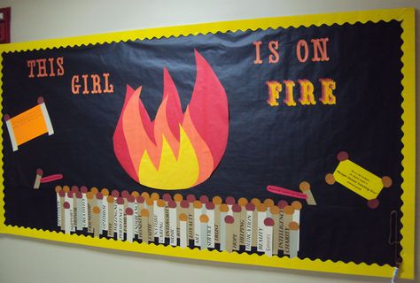 Girl on Fire Board, for personal growth.  The matchsticks each have values that the residents can be "on fire" about, and there are blank ones where they can write their own.  #RA #bulletinboard Fire Bulletin Board, Display Boards For School, Res Life Bulletin Boards, Employee Satisfaction, Ra Boards, Fire Prevention, School Displays, Ra Ideas, Getting Fired