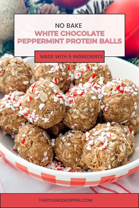 These No Bake White Chocolate Peppermint Protein Balls are the BEST protein packed snack for kids and adults! No Bake Protein Balls have been a life saver on busy days when I just don’t have time to sit down and eat something.  I love meal prepping recipes like these so that we can have a quick and easy snack for those busy days!  via @pounddropper Peppermint Protein Balls, Meal Prepping Recipes, No Bake Protein Balls, Sugar Free Honey, Healthy Holiday Treats, Pound Dropper, Ww Food, Clean Simple Eats, White Chocolate Peppermint