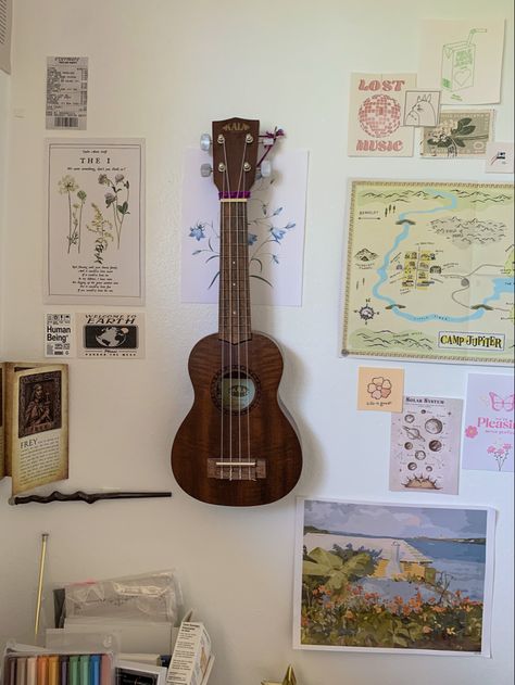 Ukulele on the wall decor Ukulele Room Decor, Ukulele On Wall Decor, Ukulele Hanging On Wall, Ukulele On Wall, Ukelele Aesthetic Girl, Painted Ukulele Aesthetic, Painting Ukulele, Fall Decor Painting, Ukulele Decoration