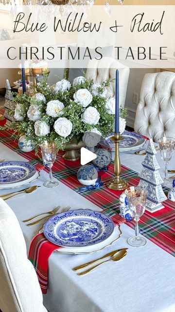 Laura | Tablescapes | Interior Styling on Instagram: "Blue Willow, but make it Christmas 💙🎄❤️  #ad How gorgeous are the new Holiday Madras Plaid linens from @solinohome?! The plaid is so classic and timeless for Christmas, and when paired with my Solino Light Blue tablecloth and Blue Willow china, the plaid pops even more! Pattern mixing is a great way to add a modern twist to classic Christmas patterns, and it also looks incredibly elegant!  Comment LINK to shop this tablescape, including these gorgeous holiday linens from @solinohome!  . . . . . #bluewillow #christmastable #holidaydecor #timelessdesign #entertainingathome" Blue And Plaid Christmas Decor, Christmas Table Blue And White, Lenox Holiday China Table Settings, Blue China Tablescape, Blue China Christmas Table, Spode Blue Italian Christmas, Mixing Plaids For Christmas, Blue And White Christmas Table Decor, Blue Willow Christmas Tablescapes