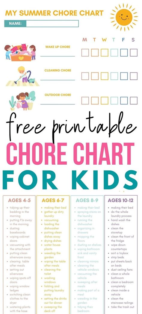 Needing some help figuring out a good chore system for the Summer? Giving your kids a few simple chores will help keep them from being bored and feeling like the days are dragging by. I’ve put together some Summer time chore chart ideas that are easy to follow and customizable for ages 4 – 12. Don’t forget to grab your free printable charts at the end of this post! cleaning routine, checklist, to do list, mom hacks Chore Chart For Kids Age 8, Kids Summer Chore Chart, Kids Chores Chart Ideas, Chores By Age Charts For Kids, Daily Chores For Kids By Age, Weekly Chore Chart Kids Printable, Kids Task Chart Ideas, Chore Calendar For Kids, Chores For Kids Age 7-8