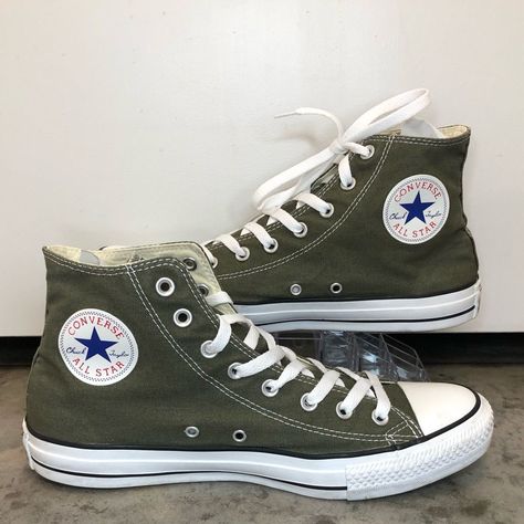 Green Converse Outfit, Olive Green Converse, Green Converse High Tops, Cute Converse Shoes, Converse Aesthetic, Cute Converse, Silver Sneakers, Green Converse, Shoes Converse