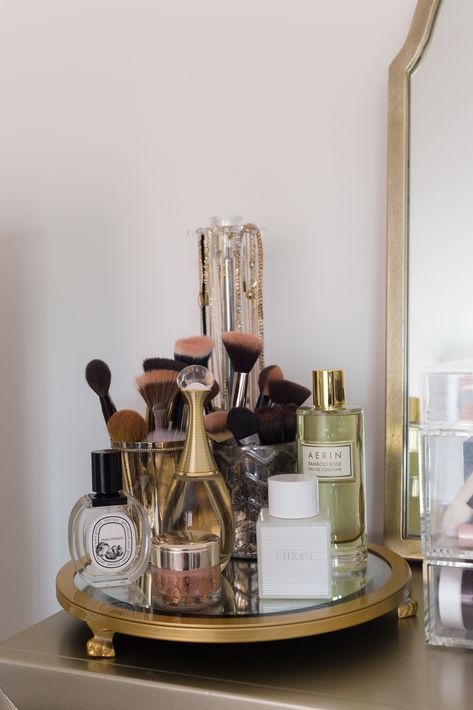 Meghan Donovan of wit & whimsy reveals her Brooklyn apartment Old Candle Jars, Perfume Storage, Makeup Tray, Makeup Display, Lipstick Organizer, Brooklyn Apartment, Makeup Drawer, Beauty Blenders, Pretty Candle