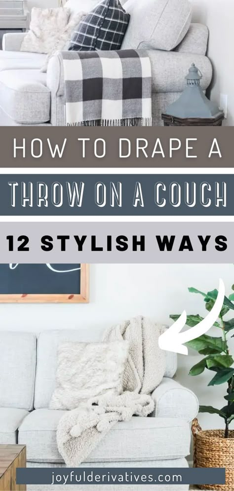 Styling throw blankets on your couch is a super easy way to add style to your living room. Not only do throw blankets add a coziness factor, but they also give you the opportunity to add more colors and textures to your space! But figuring out how to drape or display them on your couch can be tricky, so in today’s post we’re going to review 12 super easy (and stylish!) ways to place throws on couches. How Many Throw Pillows On Couch, Style Throw Blanket On Bed, Blanket On Ottoman Living Rooms, How To Style Sectional With Pillows, Styling A Couch With Pillows, How To Throw Blanket On Couch, How To Put Pillows On A Couch, How To Style A Sofa With A Throw, Couch Blankets Styling