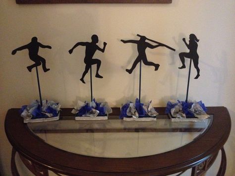 Track banquet centerpieces Track And Field Centerpiece Ideas, Track Centerpiece Ideas, Track And Field Party Decorations, Track Banquet Ideas, Track Banquet Centerpieces, Track And Field Banquet Ideas, Banquet Outfit Ideas, Sports Banquet Centerpieces, Cross Country Banquet