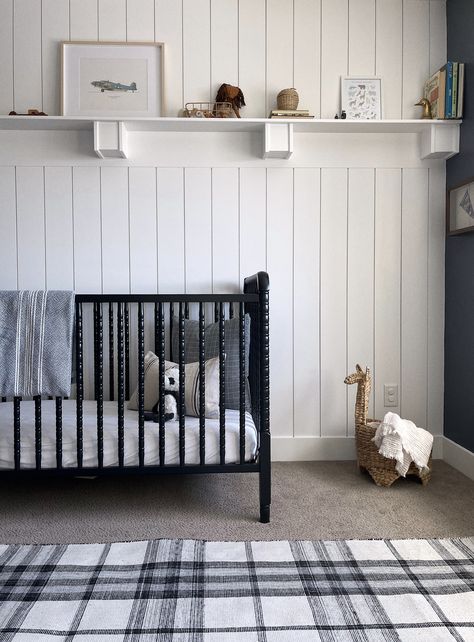 boy nursery, black crib, plaid rug, shiplap wall, vintage decor Accent Wall For Nursery, Shiplap Nursery Wall, Nursery Wall Ideas, Shiplap Nursery, Books Nursery, Boys Rug, Nursery Reveal, Color Living Room, Vintage Baby Boys