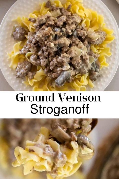 creamy ground venison with mushrooms served over noodles on white plate. made in cast iron skillet Ground Venison Stroganoff, Ground Meat Dinners, Venison Stroganoff, Venison Chili Recipe, Ground Venison Recipes, Deer Steak, Roasted Fall Vegetables, Venison Meat, Ground Venison