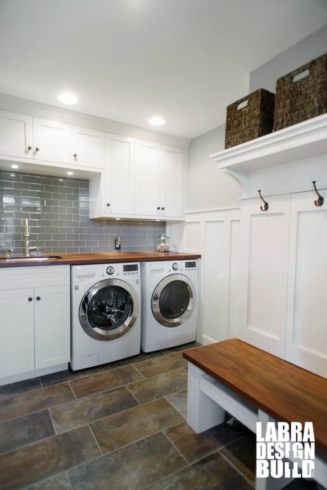 Sunroom Laundry Room, Butcher Block Laundry Room, Mud Room Laundry Room Combo, Laundry Room Combo, Mudroom Laundry Room Ideas, Country Laundry Rooms, Laundry Room Countertop, Grey Laundry Rooms, Laundry Room/mudroom