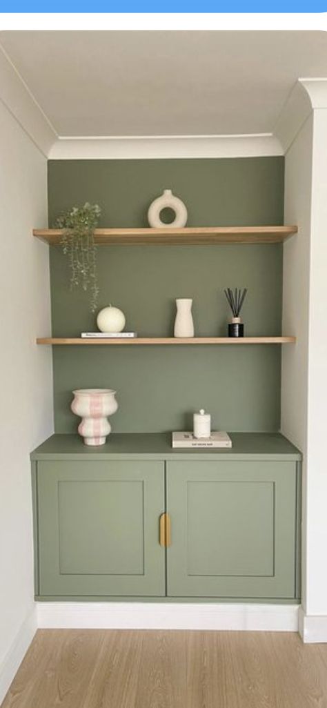 Sage Green Alcoves Living Room, Living Room Alcove Storage Ideas, Front Room Ideas 2023, Coloured Alcove Shelves, Tv Wall Alcove, Built In Cupboard And Shelves Living Room, Front Room Alcove Ideas, Living Room Designs Alcove, Green Alcove Cupboards