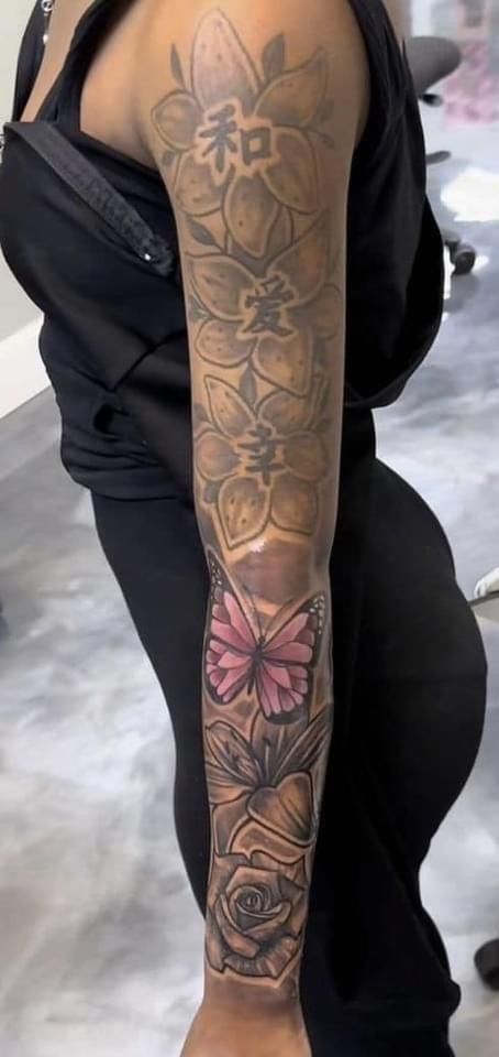 Full Leg Sleeve Tattoo Black Female, Japanese Neck Tattoo For Women, $100 Tattoos, Tat Sleeves For Women, Sleeve Tats For Women, Full Sleeve Tattoos Women Black, Whole Sleeve Tattoos For Women, Tattoo Ideas Female Sleeve Arm, Baddie Tats Arm Sleeve