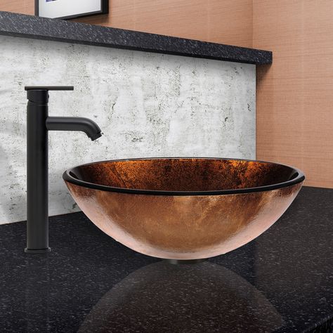 Glass Vessel Bathroom Sink and Seville Faucet Set Bathroom Sink Decor, Walk In Shower Designs, Copper Fixture, Console Sinks, Glass Vessel Sinks, Refinish Kitchen Cabinets, Vessel Faucets, Square Sink, Vessel Bathroom Sink