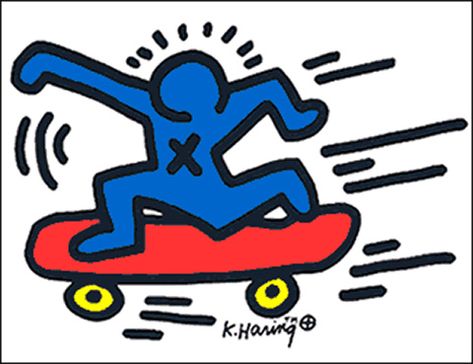 Keith Haring illustration of one of his iconic figures on a skateboard. They made playing cards at one time during his heyday, and now you can buy the stickers at Ikea. – Thanks to MC for the… Skateboarder, Keith Haring, Skateboard, Art