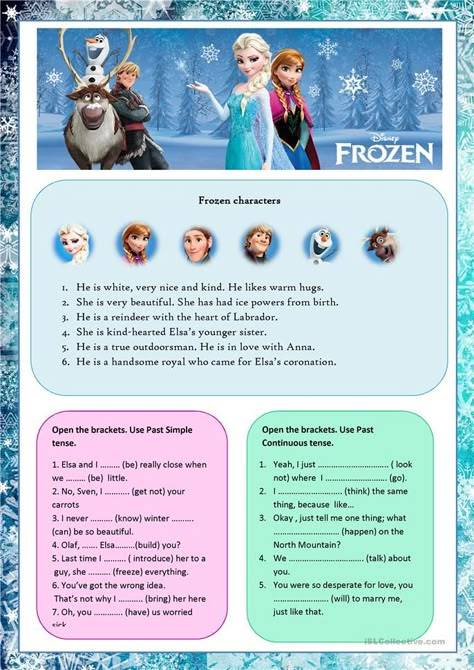 Frozen - English ESL Worksheets for distance learning and physical classrooms Frozen Worksheets, Frozen Activities, Life In Russia, Tenses Grammar, Esl Reading, English Exercises, Be Interesting, English Games, Esl Teachers