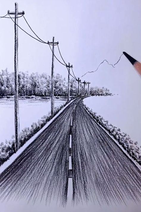 Landscape Drawings Tutorial, Perspective Art Drawing, Perspective Drawing Nature, How To Draw A Road, Anime Landscape Drawing, Perspective Art Painting, Landscape Perspective Drawing, How To Draw Scenery, Art Sketches Nature