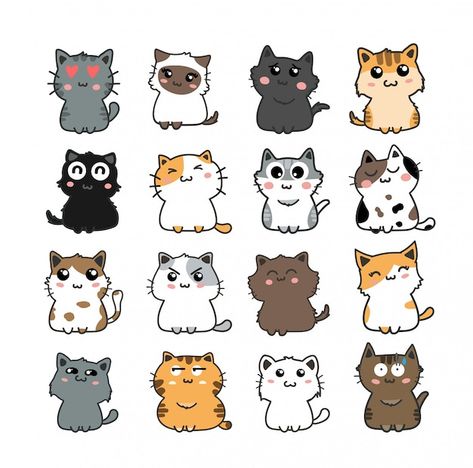 Cute cat set | Premium Vector #Freepik #vector #cat-drawing #cat-sticker #cat-sketch #cat-face Vector Free Png, Draw Chibi, Chat Kawaii, Printable Sticker Sheets, Cute Cat Drawing, Cat Doodle, Söt Katt, Cute Colors, Dessin Adorable