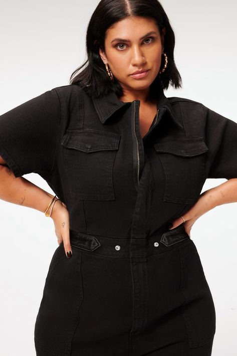 Our best selling Fit For Success Jumpsuit is as powerful as it looks. A black denim jumpsuit featuring hidden front zipper closure and breast pockets. Hidden front zipper closure Breast and pant pockets Short sleeves Black wash Denim Utility Jumpsuit, Black Denim Jumpsuit, Camo Jumpsuit, Womens Black Jumpsuit, Stretch Jumpsuit, Utility Jumpsuit, Jumpsuit Chic, Velvet Trousers, Designer Jumpsuits