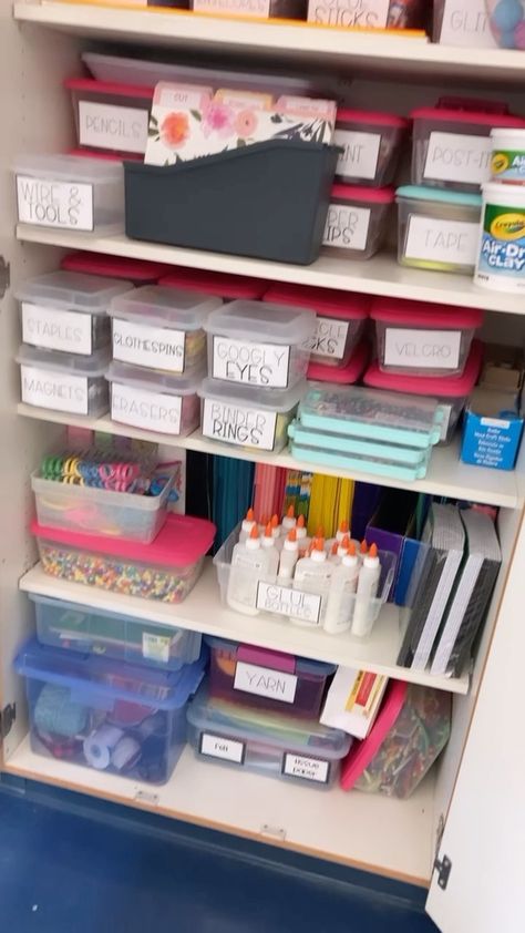 Teacher Closet Organization, Teacher Storage Organization, Classroom Cabinet Organization, Teacher Desk Areas, Classroom Vibes, Teacher Storage, Supply Closet, Dream Classroom, Organizing Life