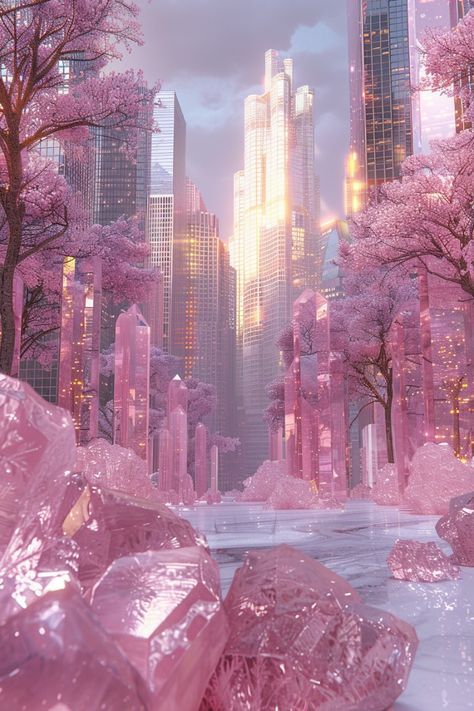 Pink Magical Aesthetic, Pink Fantasy World, Soft City Aesthetic, Pink Futuristic Aesthetic, Pastel Dreamcore, Pink Cityscape, Windows Xp Wallpaper, Dreamscape Architecture, Puffy Clouds