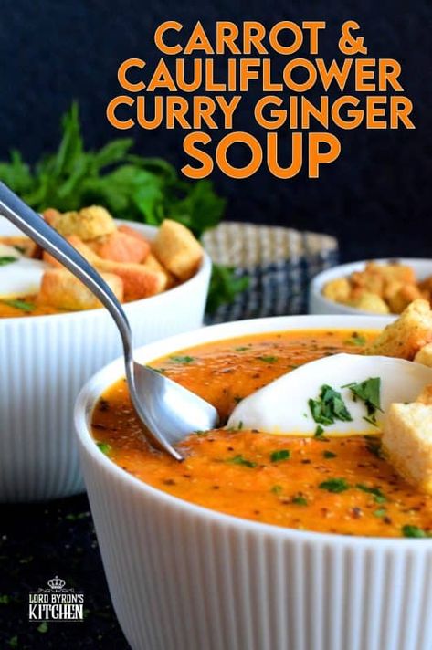 Cauliflower Curry Soup, Roasted Soup, Roasted Carrot, Ginger Soup, Pureed Soup, Soup Healthy, Cauliflower Curry, Curry Soup, Cauliflower Soup