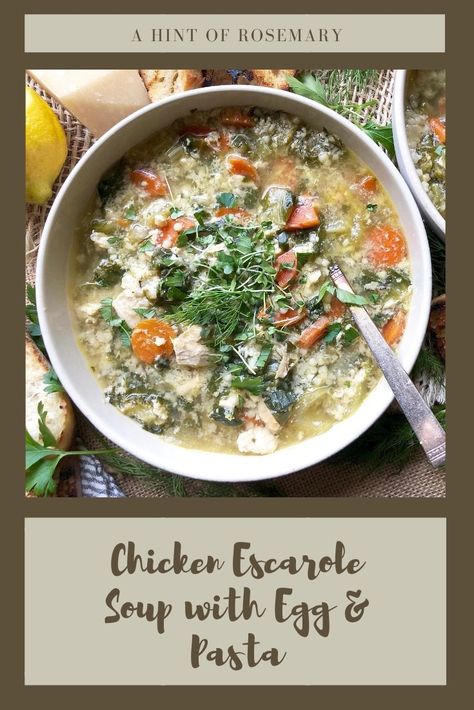 Hearty version of Stracciatella Soup (Italian Egg-Drop Soup), this Chicken Escarole Soup with Egg & Pasta is ready in a hurry with some rotisserie chicken. Wholesome & nutritious. ♡ A Hint of Rosemary #chickensoup #eggdropsoup #italianweddingsoup #homemadesoup #ahintofrosemary Chicken Escarole Soup, Ways To Use Rotisserie Chicken, Low Nickel Diet, Egg Foo Young Gravy, Young Gravy, Stracciatella Soup, Escarole Recipes, Soup With Egg, Soup Ham