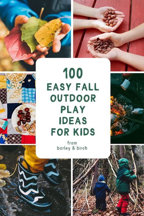 A collection of the very best easy fall outdoor play activities for kids with over 100 easy autumn kids play ideas for outside - including fun fall outdoor sensory play, outdoor autumn arts and crafts, fall outdoor games the whole family will love, and more! | from barley & birch Outdoor Autumn Activities, Outdoor Fall Toddler Activities, Kids Fall Activities Outdoor, Fall Outdoor Activities For Preschool, Fun Fall Outdoor Activities For Kids, Fall Outdoor Kids Activities, Autumn Outdoor Activities For Kids, Fall Outside Activities For Kids, Outdoor Autumn Activities Eyfs