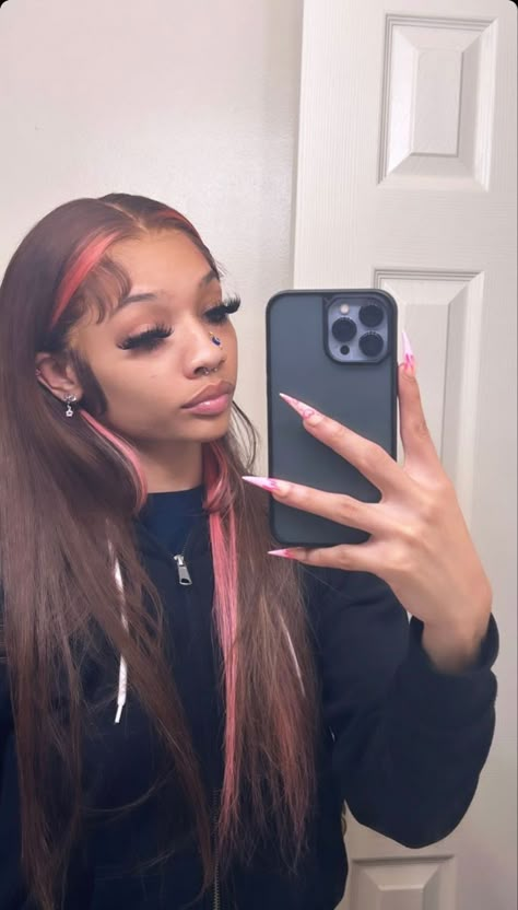 Peekaboo Hair Color Black Women Wig, Colors To Dye Your Hair Natural, Peekaboo Lace Front Wig, Sew In With Peekaboo Color, Pink And Brown Hair Black Women, Peekaboo Sew In, Peekaboo Hair Color Black Women, Brown And Pink Hair, Peekaboo Hair Colors