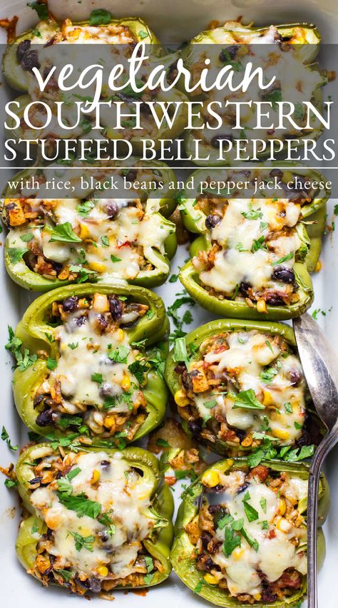 Southwest Stuffed Bell Peppers, Stuffed Bell Peppers Vegetarian, Stuffed Bell Peppers With Rice, Vegetarian Stuffed Bell Peppers, Brown Rice And Black Beans, Stuffed Red Bell Peppers, Rice And Black Beans, Green Pepper Recipes, Vegan Stuffed Peppers