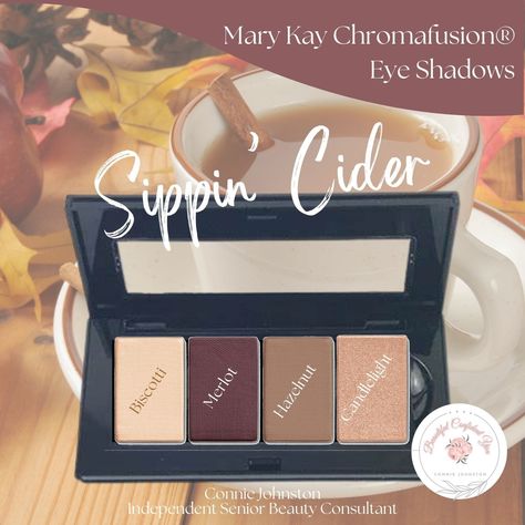 "Sippin' Cider" had three matte shades, plus a shimmer from the Candlelight. I love the versatility of this palette and how the shades can be combined into so many different looks. Go bold, or go natural, with any combination from this selection. Mary Kay Chromafusion® Eye Shadow Visualize the most stunning, pigment-rich eye shadow imaginable in a lifeproof formula that holds strong for 12 hours.* Add a spectrum of sensational shades curated by top international makeup artists. Can you have... Mary Kay Fall 2024, Mary Kay Eyeshadow Looks, Mary Kay Eyeshadow, Mary Kay Eyes, Mary Kay Business, Beauty Consultant, Mary Kay Makeup, Going Natural, Makeup Artists