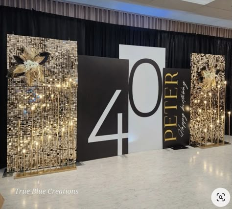 70th Birthday Party Backdrop Ideas, Men’s Birthday Backdrop Ideas, 40th Bday Ideas For Men Decorations, Sequin Backdrop Ideas Birthday, Dad's 70th Birthday Party Ideas, Black And White Birthday Backdrop, 40th Birthday Backdrop For Men, Gala Photo Backdrop, Pastor Birthday Ideas