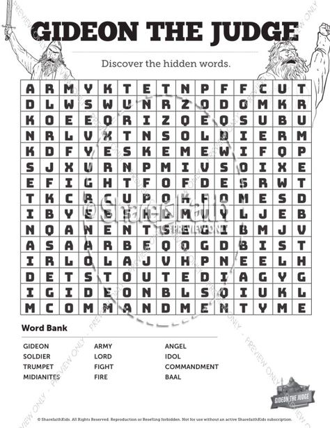 How many Sunday School words can you find in this Judges 6 Bible Word Search Puzzle? This printable activity is not only a blast for kids, it’s also a fantastic learning tool for your upcoming Gideon and the fleece kids Bible lesson. Judges 7 Gideon, Gideon Activity, Sunday School Activity Sheets, Gideon Bible, Judges 6, Kids Bible Lesson, School Words, Jesus Crucifixion, Bible Word Searches