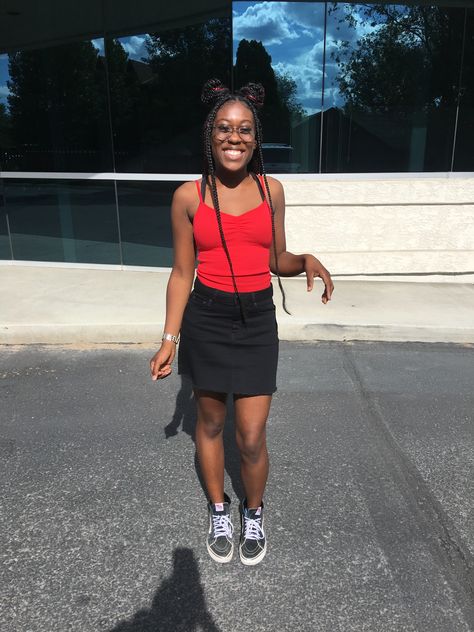 Cute Red cami❤️ with denim mid rise black skirt and hightop old skool vans. Old Skool Outfit, Vans Old Skool Outfit, Red Cami, Old Skool Vans, Guts Tour, Vans Outfit, Red Top, Vans Old Skool, Old Skool