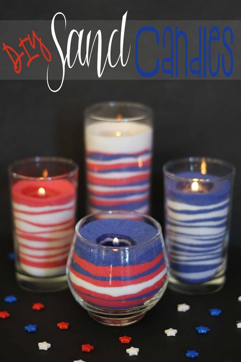 #DIY Sand Candles - I love these! I used drinking glasses and a votive I bought from a thrift store, added the #sand and a tea #candle. 30 minutes later I have 4 great candles for #4th of July. Made all four candles for $8 bucks!  This pin was tested and reviewed by one of the 3 crazy sisters at http://www.thisgrandmaisfun.com/ Sand Candles Diy, Decorating Candles, Flag Crafts, Holidays Crafts, Diy Table Top, Sand Candles, Candle Diy, Candle Crafts, Tea Candle