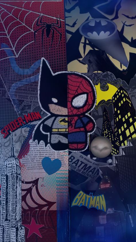 silly little collage #spiderman #batman #iambatman #red #blue #yellow #marvel #DC #comics #wallpaper #aesthetic Comic Book Style Wallpaper, Batman Spiderman Wallpaper, Blue Batman Wallpaper, Miles Morales Wallpaper Computer, Spider Man Web Wallpaper, Spider Man And Batman Wallpaper, Spider Man Wallpaper Iphone Y2k, Dc Comics Wallpaper Aesthetic, Green Spiderman Aesthetic