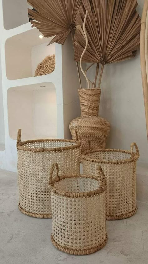 Stackable Baskets, Cane Baskets, Canes Decor, Boho Crafts Diy, Decor Baskets, Wicker Decor, Home Decor Baskets, Tiny House Decor, Fabric Baskets