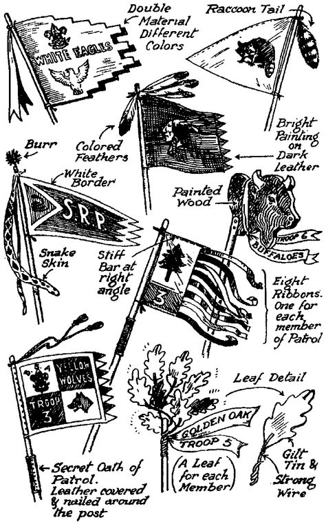 Vintage Boy Scout Patrol Flags Ideas from the Boy Scout Handbook Scout Patrol Flag Ideas, Camp Flag Ideas, Royal Ambassadors, Cub Scout Den Flags, Survivor Idea, Indian Diy, Cub Scouts Wolf, Flag Ideas, Scouts Bsa