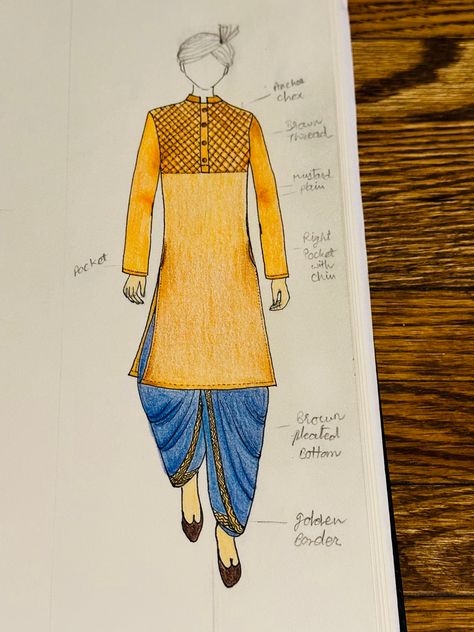 Traditional men’s kurta design with detailed thread chex on top and paired up with pleated blue bottom. This illustration is done with staedtler pencil colors n micron pens. Mens Traditional Wear Illustration, Staedtler Pencil, Mens Traditional Wear, Micron Pens, Gents Kurta, Man Illustration, Fashion Illustration Sketches Dresses, Kurta Design, Sketches Dresses