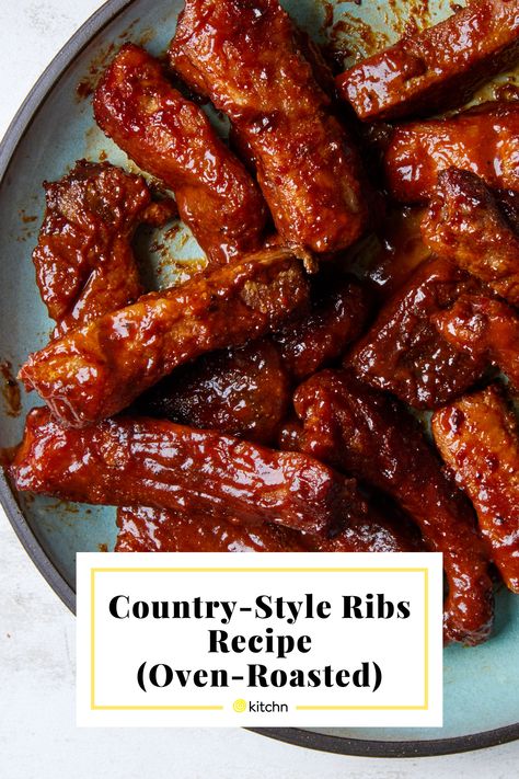 These seasoned country-style ribs are glazed with BBQ sauce and oven-roasted until tender. Oven Roasted Ribs Recipe, Oven Country Style Ribs, Country Style Pork Ribs In The Oven, Oven Country Style Pork Ribs, Pork Country Style Ribs Oven, Best Country Style Ribs In Oven, Bbq Boneless Pork Ribs In Oven, Bone In Country Style Pork Ribs Oven, Pork Loin Country Style Ribs