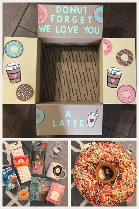 Going To Miss You Gifts, Coffee Care Package Ideas, Miss You Care Package, Donut Care Package, Dunkin Donuts Gift Basket, Donut Student Gift, Care Package Best Friend Cheer Up, Care Package Themes, Donut Gift Ideas