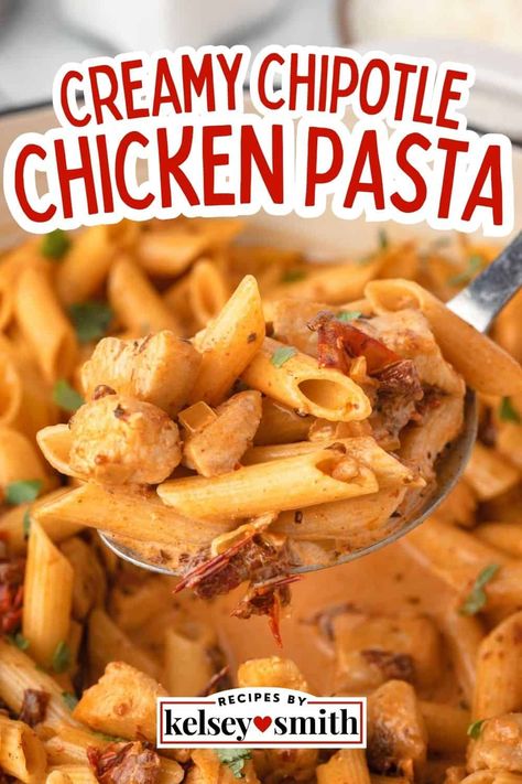 Spicy chipotle chicken pasta features chicken and penne pasta in a creamy sauce made from chipotle peppers and heavy cream. This recipe is versatile and can be enjoyed year-round, but it is particularly comforting and well-suited for colder seasons like fall and winter when a warm and hearty dish is especially satisfying. This creamy pasta recipe is made with diced chicken breasts but can also be made with rotisserie chicken for a super simple dinner. Chipotle Chicken Pasta Recipe, Creamy Chicken Chipotle Recipe, Creamy Chipotle Chicken Pasta, Chipotle Cream Sauce Pasta, Chipotle Pasta Recipes, Chicken And Penne Pasta, Chicken Chipotle Pasta, Spicy Chipotle Chicken, High Protein Chicken Recipes