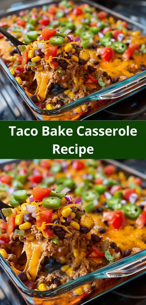 Easy-to-make taco bake casserole for a savory and filling family dish. Baked Taco Casserole Beef, Taco Pizza Casserole, Mexican Cornbread Casserole Taco Bake, Filling Casserole Recipes, Baked Mexican Casserole, Mexican Dishes With Beef, Casseroles Using Hamburger, Supper For 6 People, Mexican Taco Bake Casserole