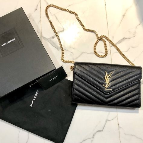 CASSANDRE SAINT LAURENT CHAIN WALLET IN GRAIN DE POUDRE EMBOSSED LEATHER Cassandre Saint Laurent, Saint Laurent Handbags, Chain Wallet, Cream Recipes, Leather Shops, Wallet Chain, Louis Vuitton Twist Bag, Open Box, Embossed Leather